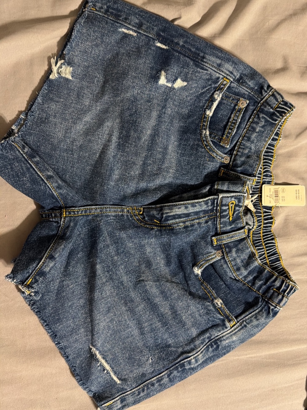 aerie Distressed Dark Blue Elastic Waist Denim Shorts